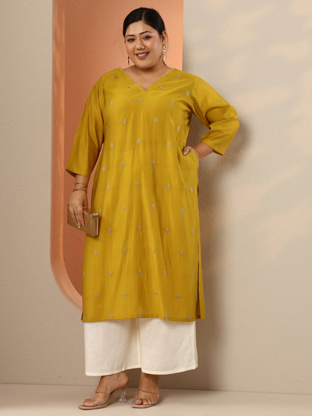 Plus Size Yellow Embroidered Silk Blend Straight Kurta