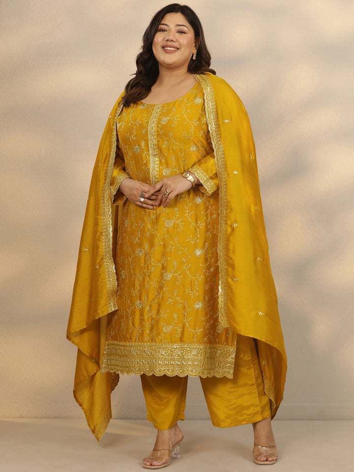Plus Size Yellow Embroidered Silk Blend Straight Suit Set With Dupatta