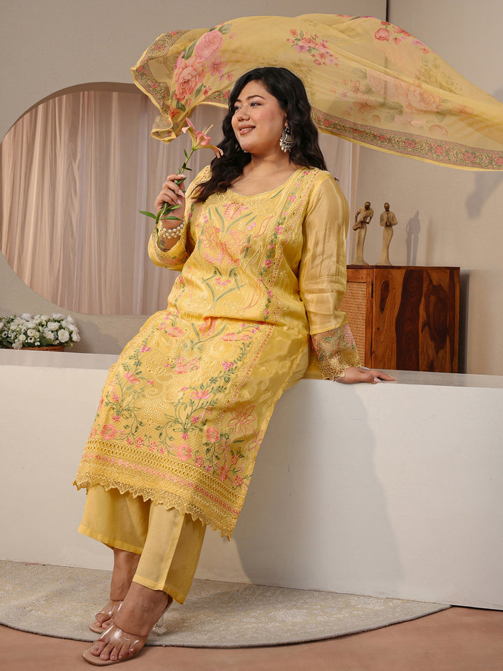 Plus Size Yellow Floral Embroidered Silk Blend Suit Set