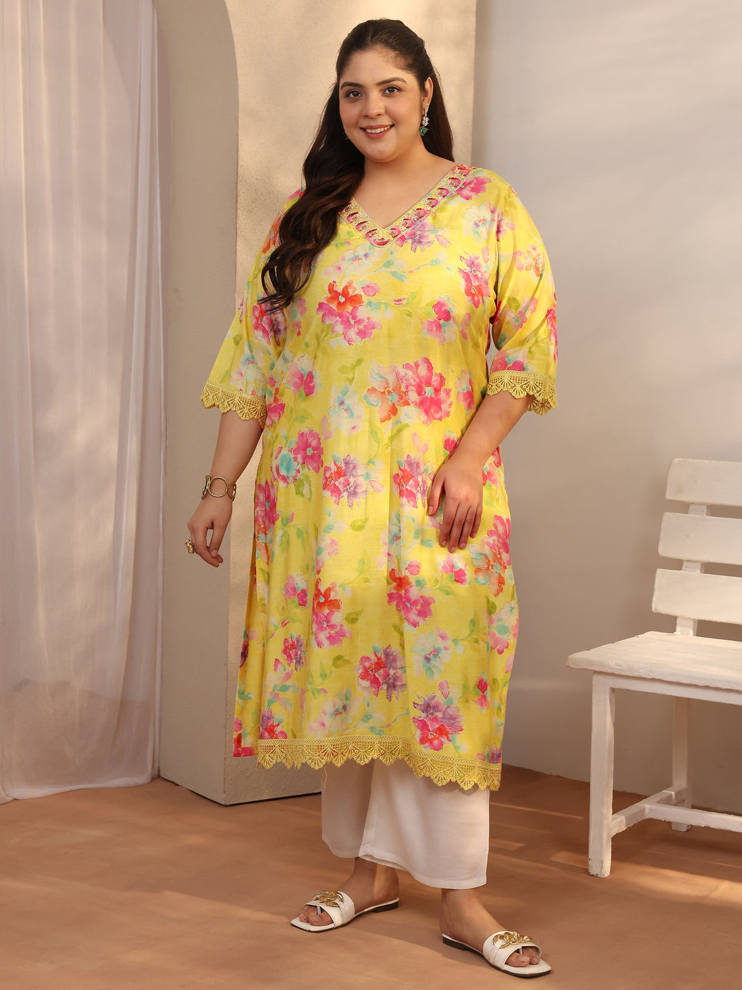 Plus Size Yellow Printed Silk Blend Straight Kurta