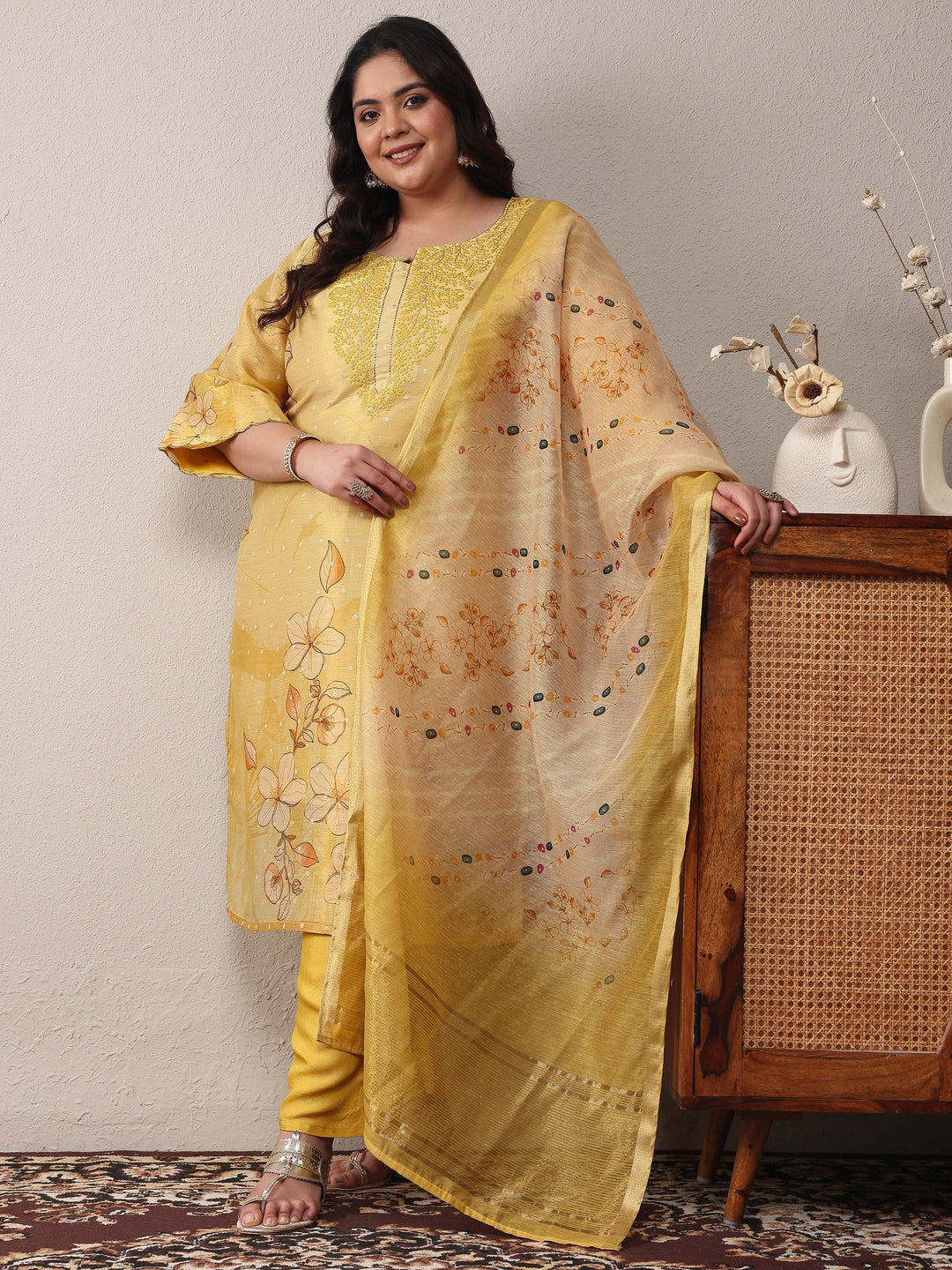 Plus Size Yellow Printed Silk Blend Straight Suit Set With Dupatta