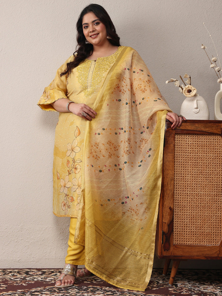 Plus Size Yellow Printed Silk Blend Straight Suit Set With Dupatta