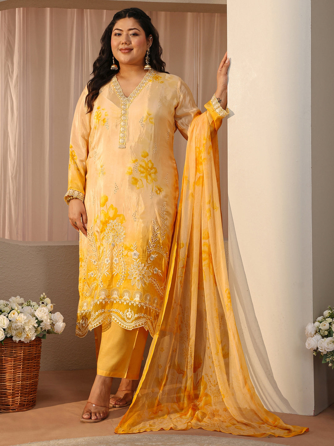 Plus Size Yellow Sciffli Embroidered Silk Blend Suit Set