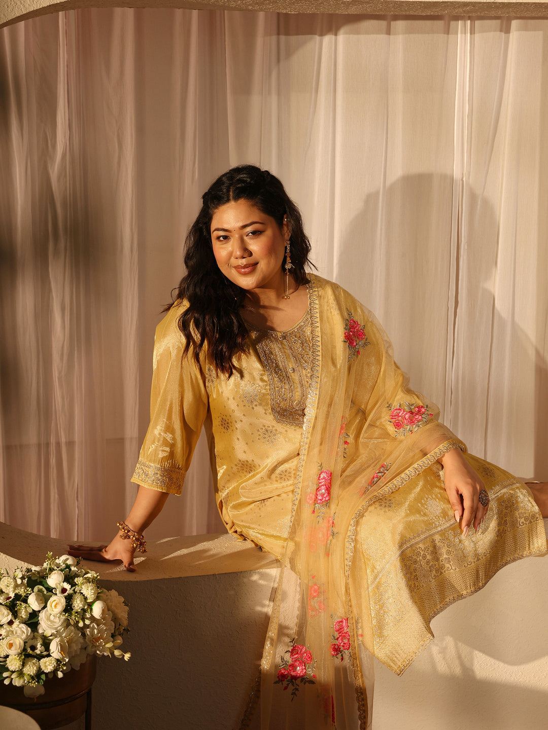Plus Size Yellow Woven Design Silk Blend Straight Suit Set