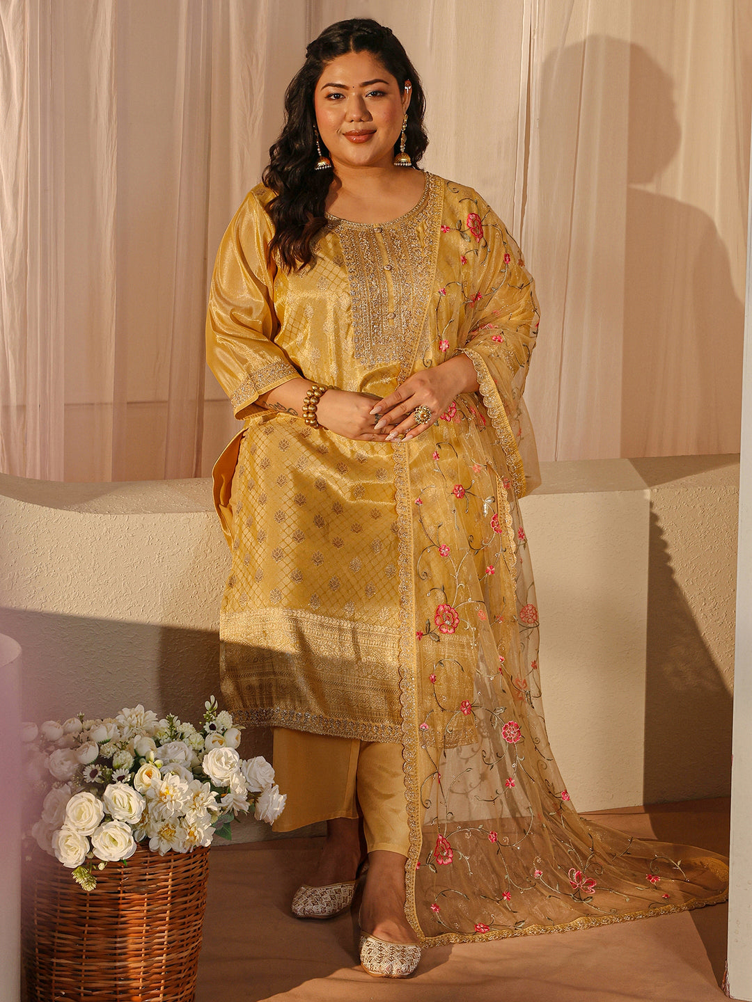 Plus Size Yellow Woven Design Silk Blend Straight Suit Set