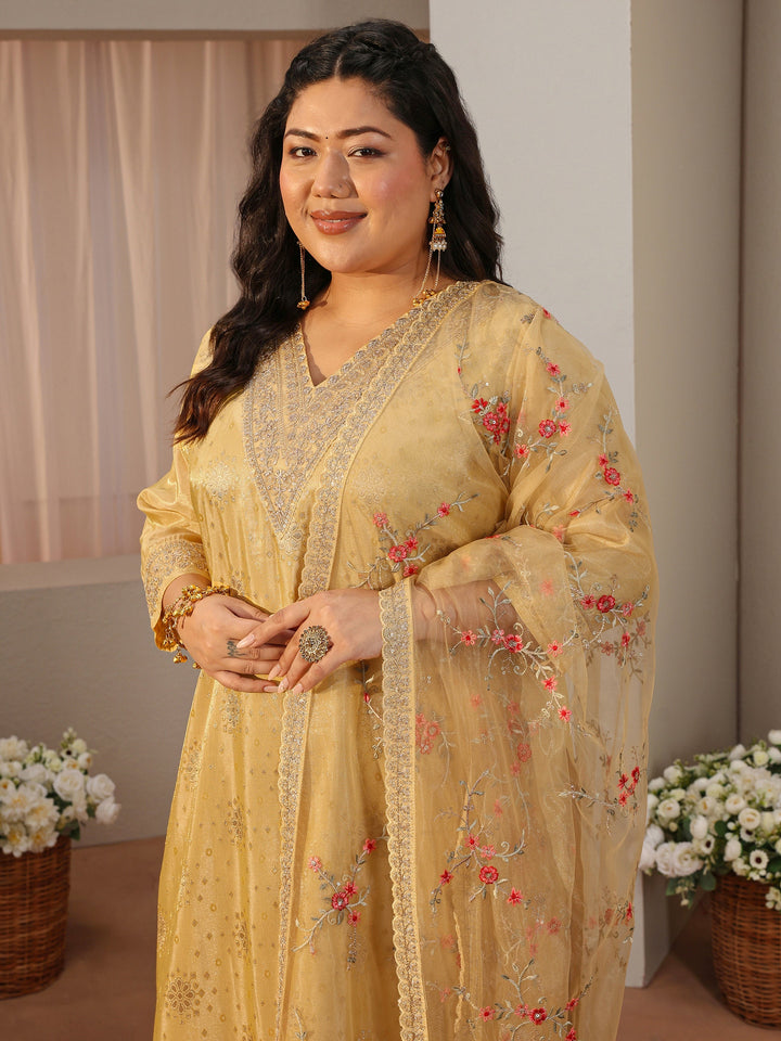 Plus Size Yellow Woven Design Silk Blend Straight Suit Set