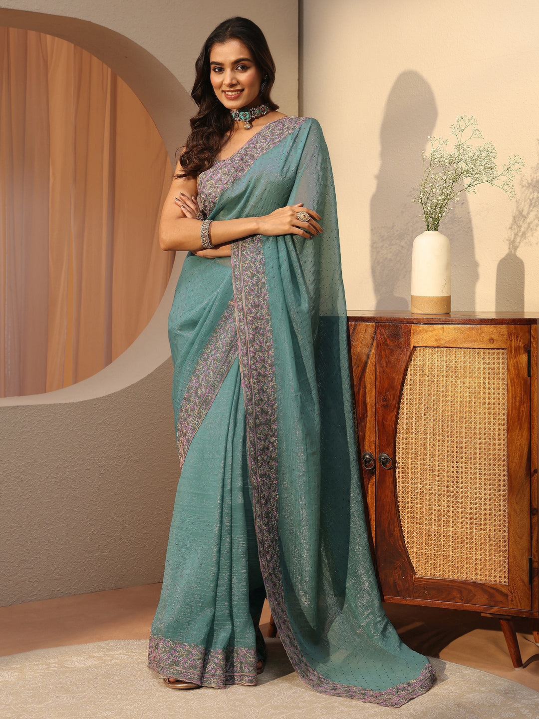 Powder Blue Embellished Tissue Saree