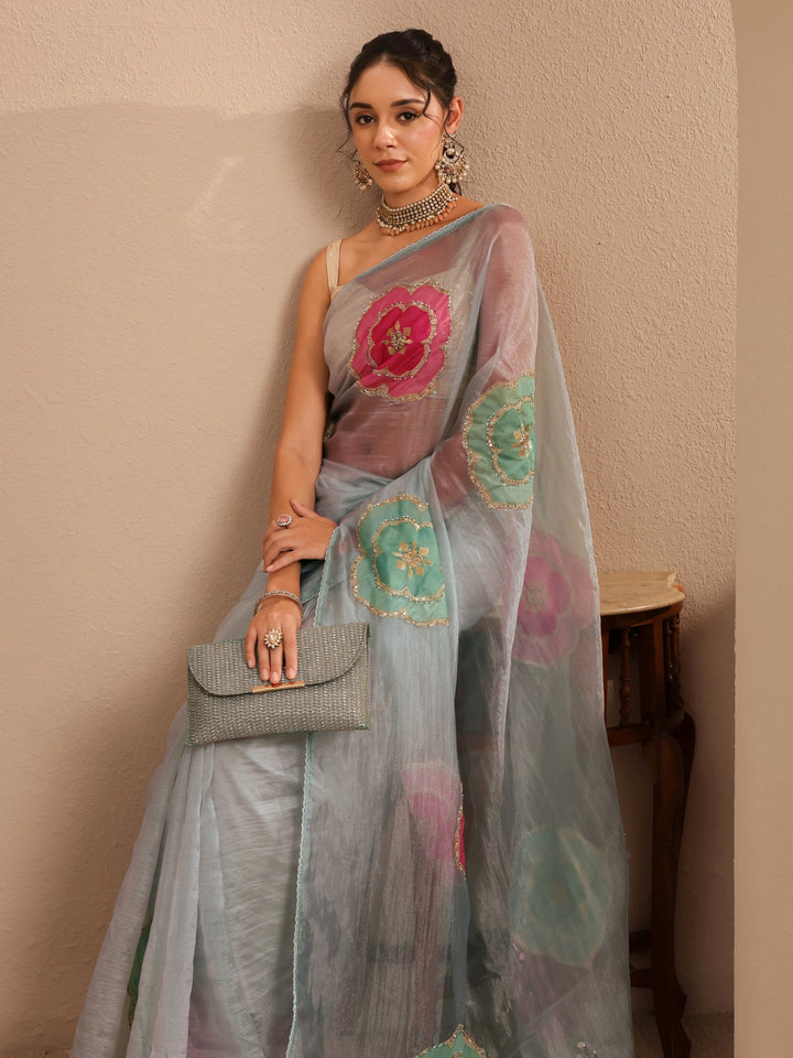 Libas Powder Blue Floral Embellished Organza Saree