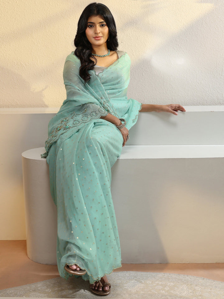 Powder Blue Floral Embellished Tissue Saree