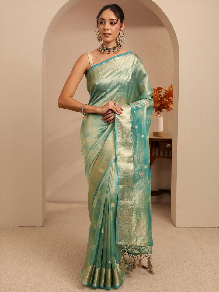 Libas Powder Blue Floral Woven Design Silk Blend Saree