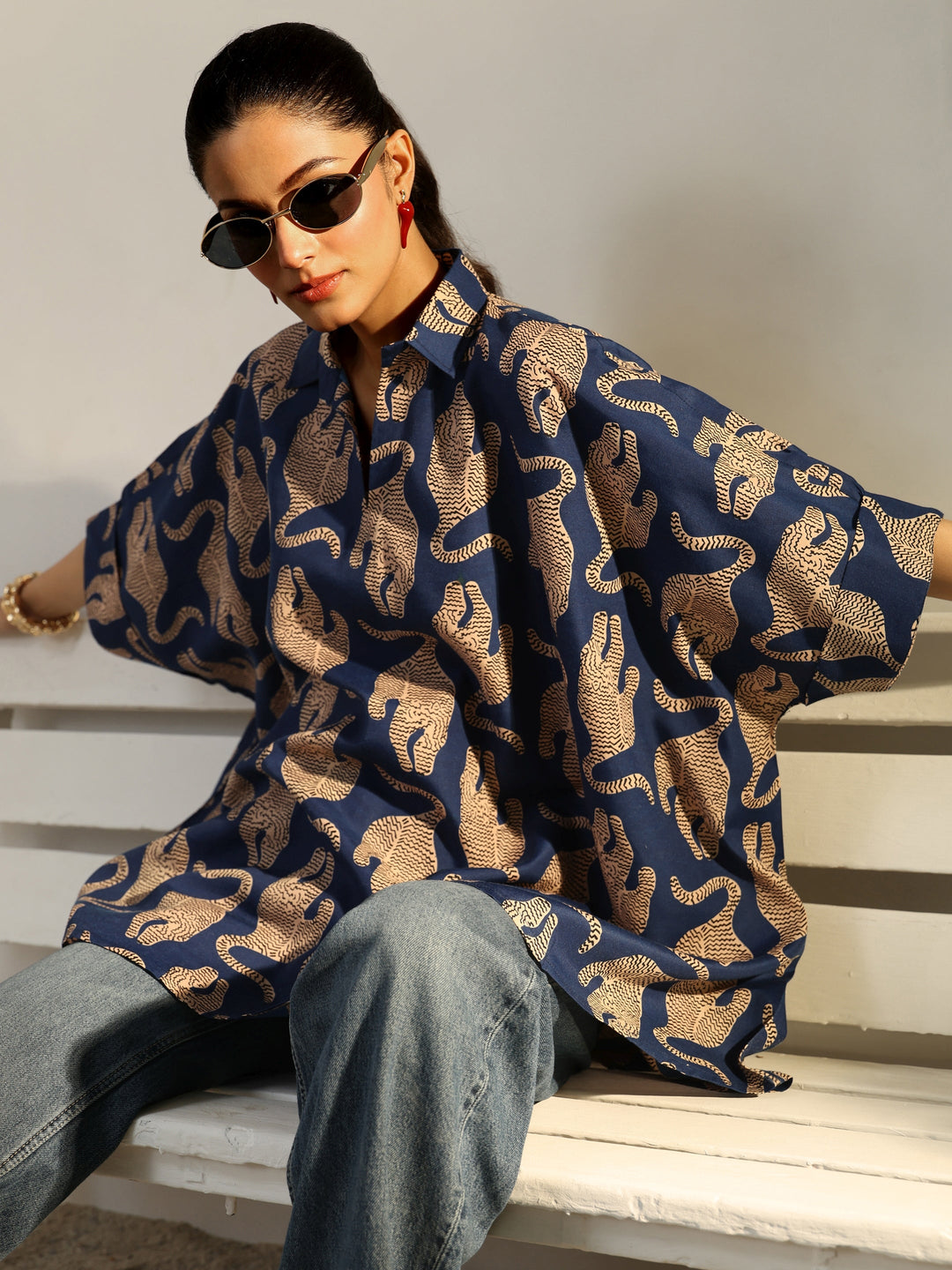 Power Move Blue Quirky Printed Cotton Blend Shirt