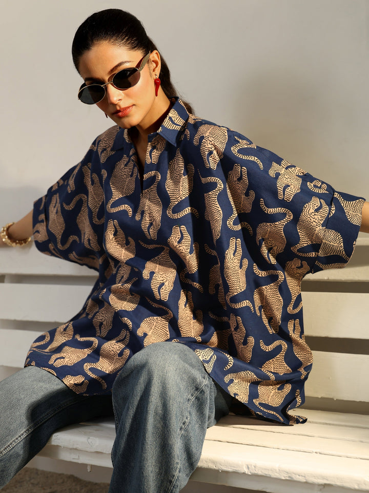 Power Move Blue Quirky Printed Cotton Blend Shirt