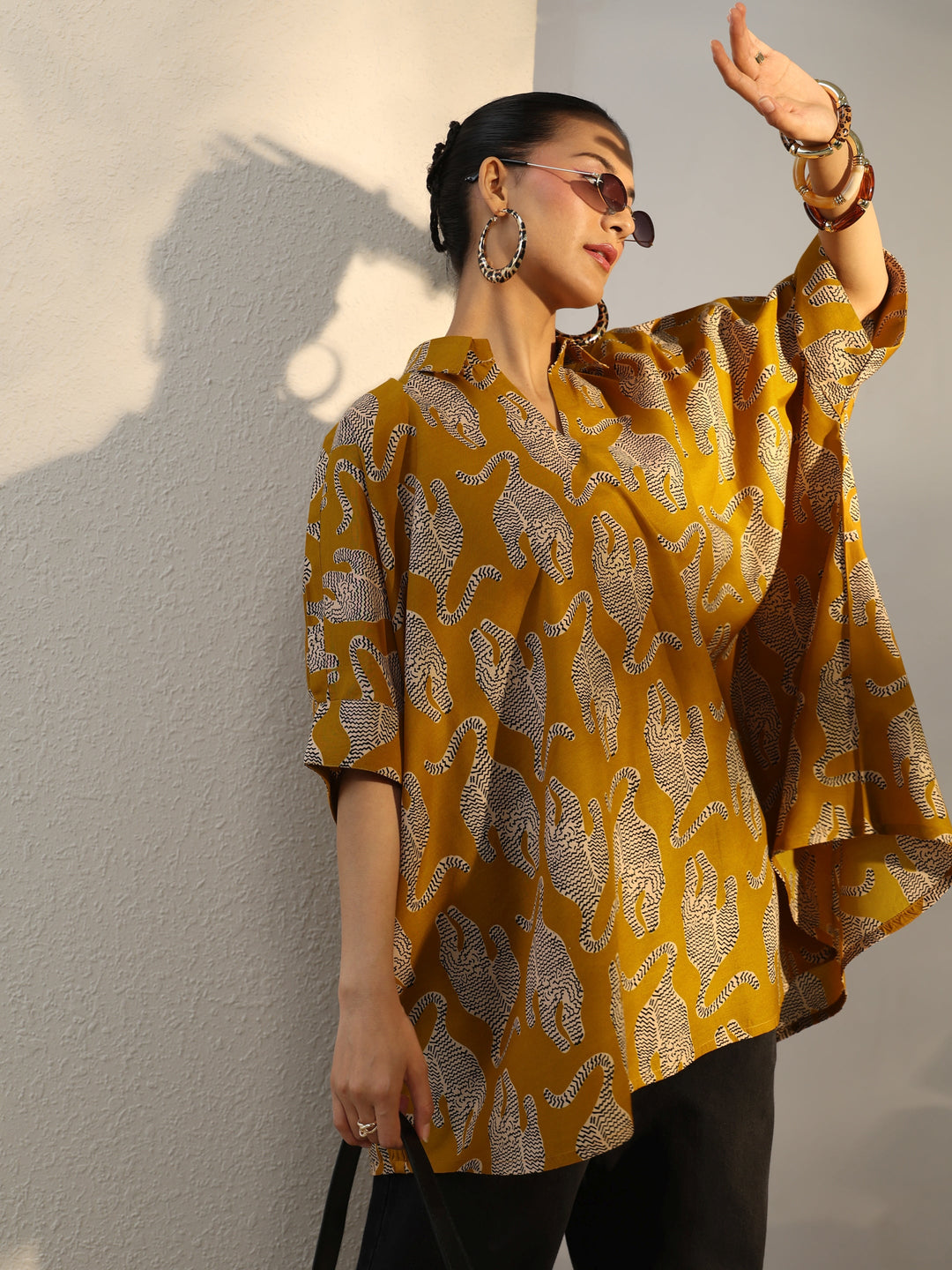 Power Move Mustard Quirky Printed Cotton Blend Shirt