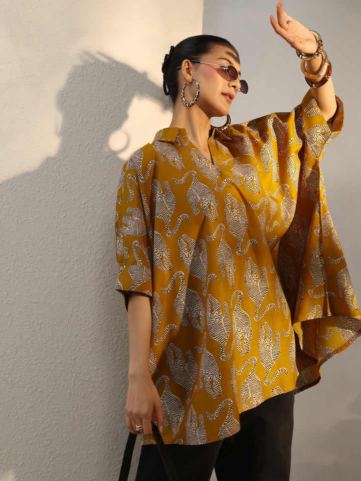 Power Move Mustard Quirky Printed Cotton Blend Shirt