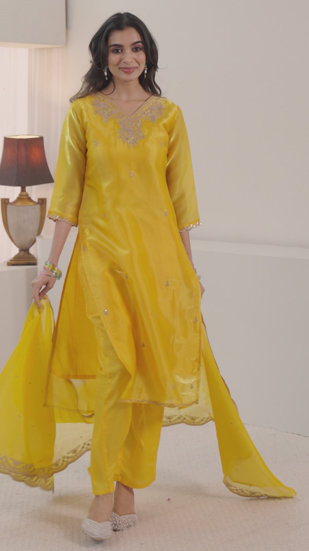 Libas Yellow Floral Embroidered Tissue Straight Suit Set