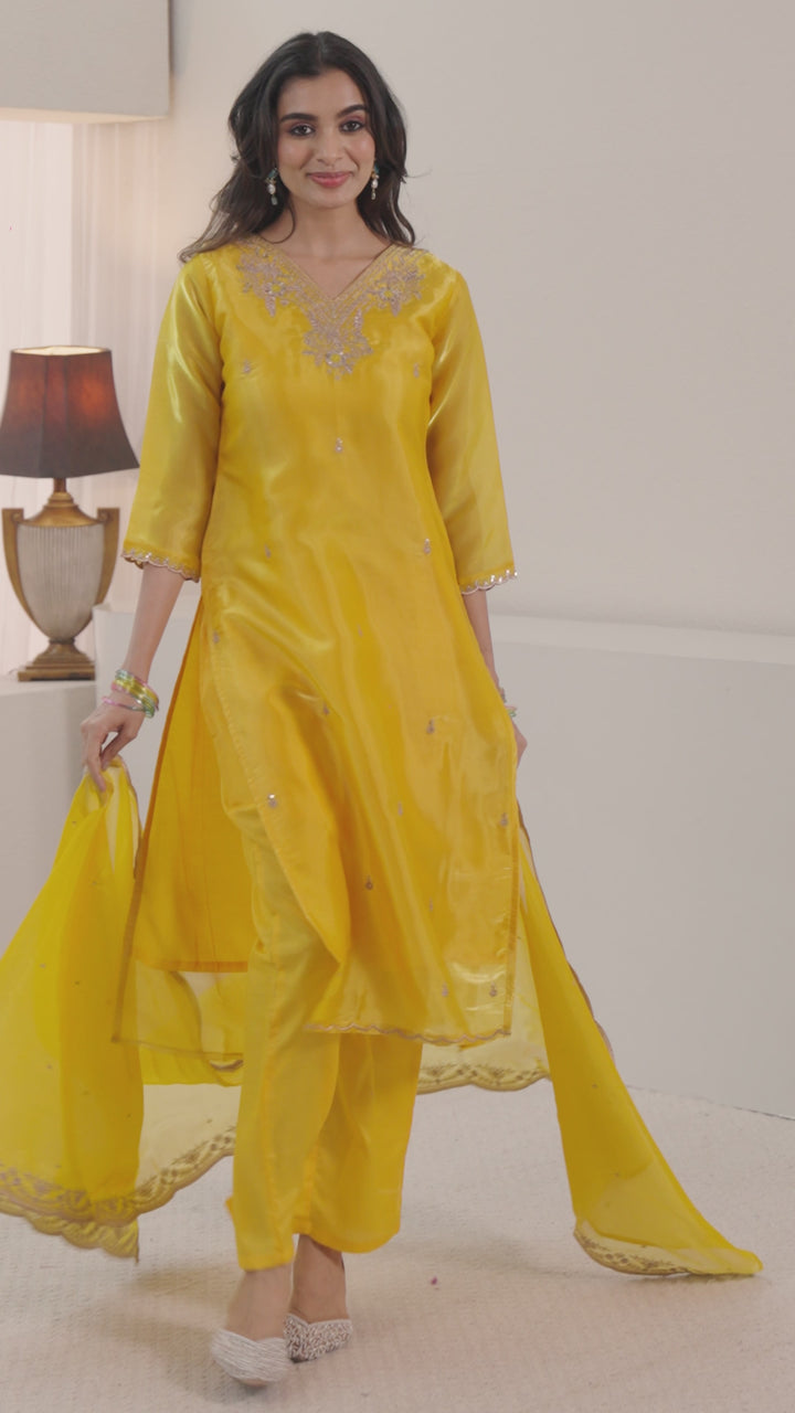 Libas Yellow Floral Embroidered Tissue Straight Suit Set