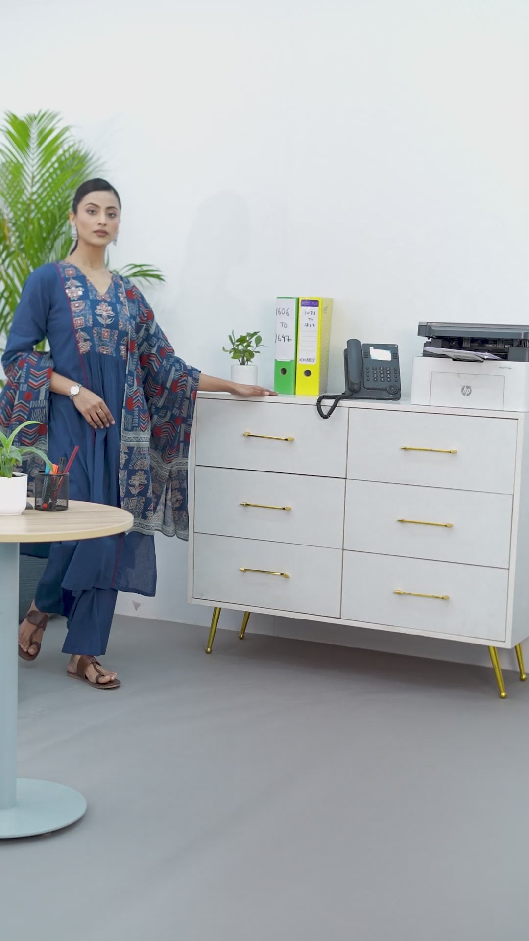 Blue Ethnic Motifs Yoke Design Cotton Blend A-Line Suit Set With Dupatta