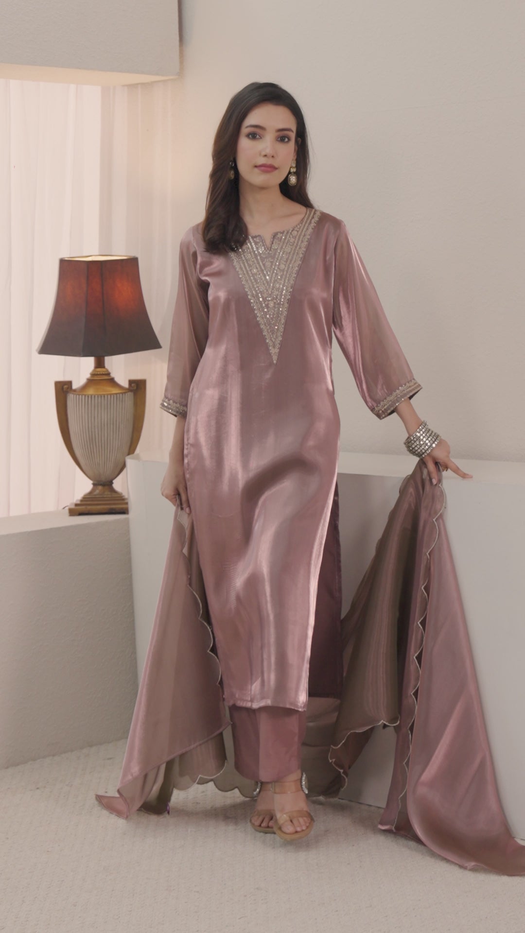 Gerua Mauve Yoke Design Straight Suit Set