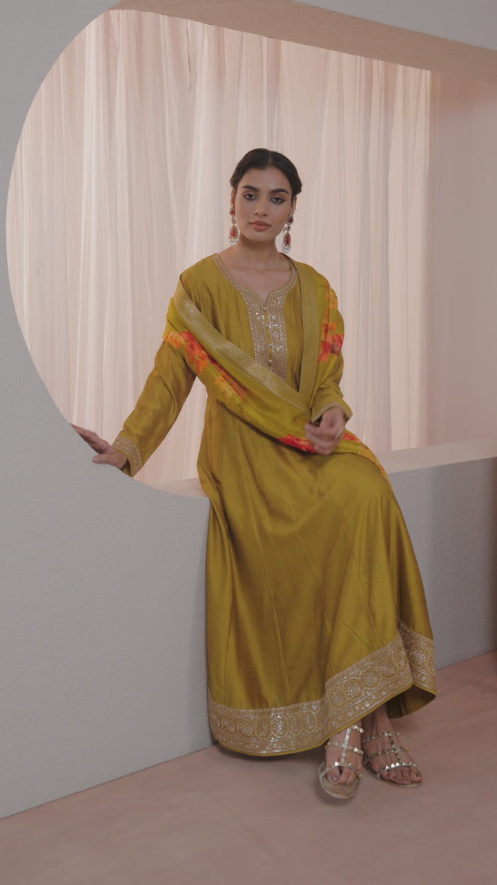 Mustard Embroidered Silk Blend A-Line Suit Set With Dupatta