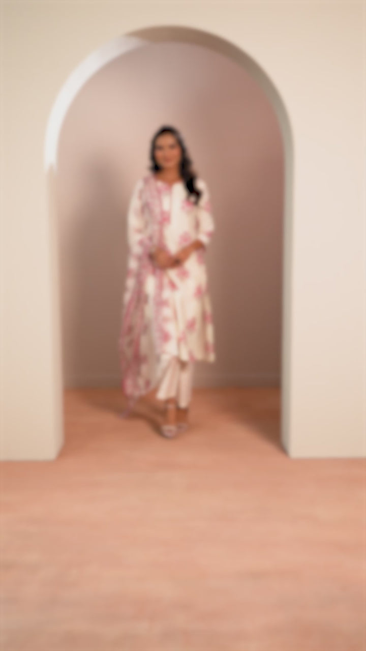 Off White Printed Chanderi Silk Straight Suit Set With Dupatta