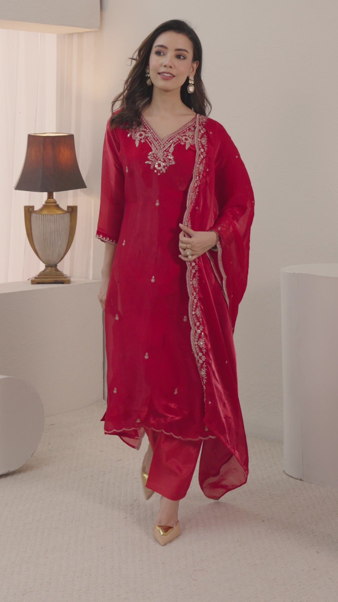 Libas Red Floral Embroidered Tissue Straight Suit Set