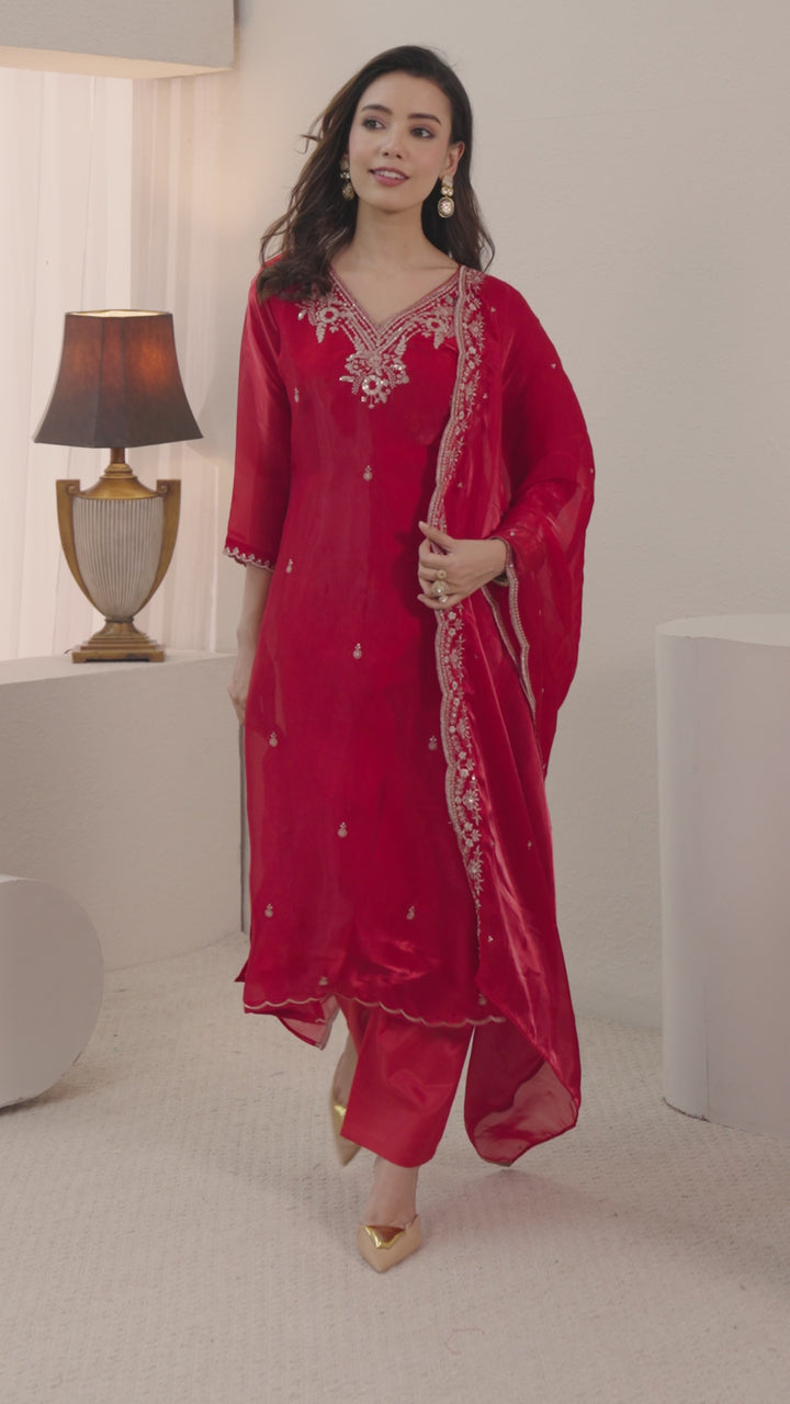 Libas Red Floral Embroidered Tissue Straight Suit Set
