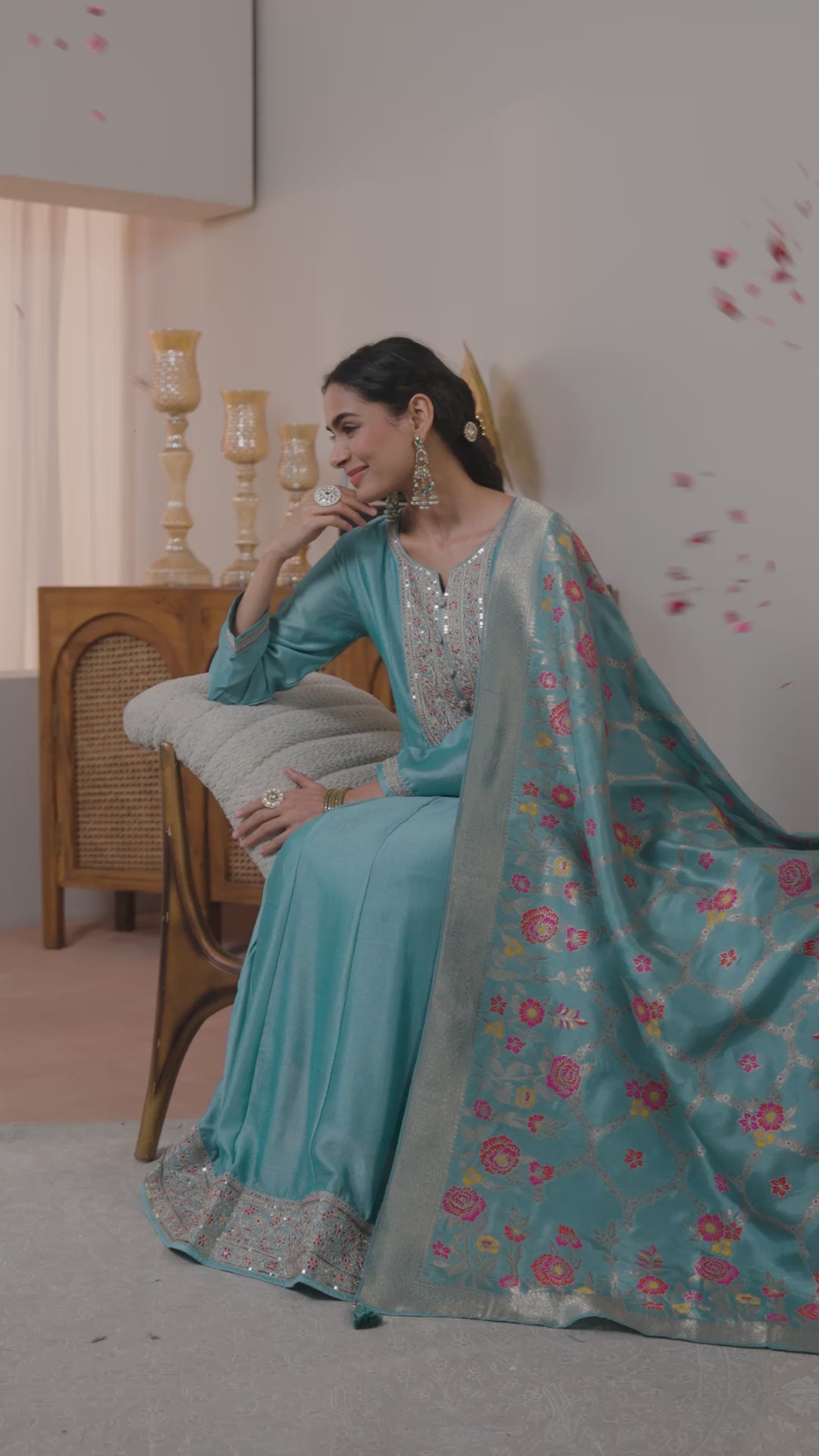 Libas Blue Embroidered Silk Blend A-Line Suit Set With Dupatta
