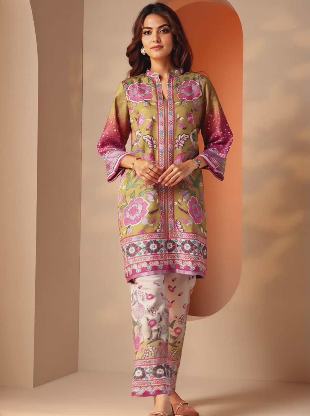 Multi Printed Silk Blend A-Line Suit Set With Dupatta