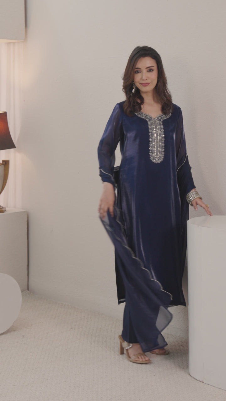 Gerua Navy Blue Yoke Design Straight Suit Set