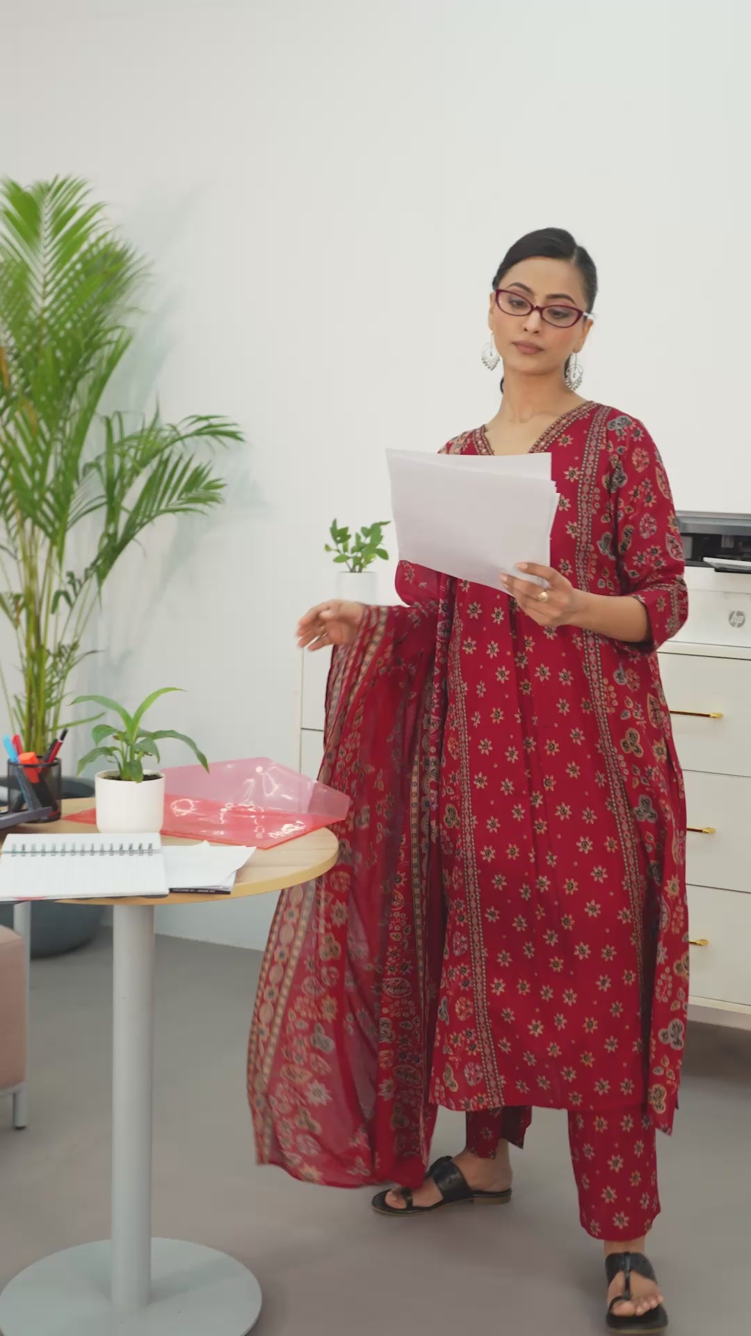 Red Floral Printed Cotton Blend Straight Suit Set With Dupatta
