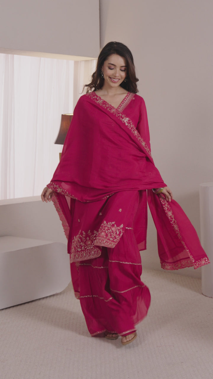 Libas Fuchsia Pink Embroidered Chanderi Cotton Sharara Suit Set