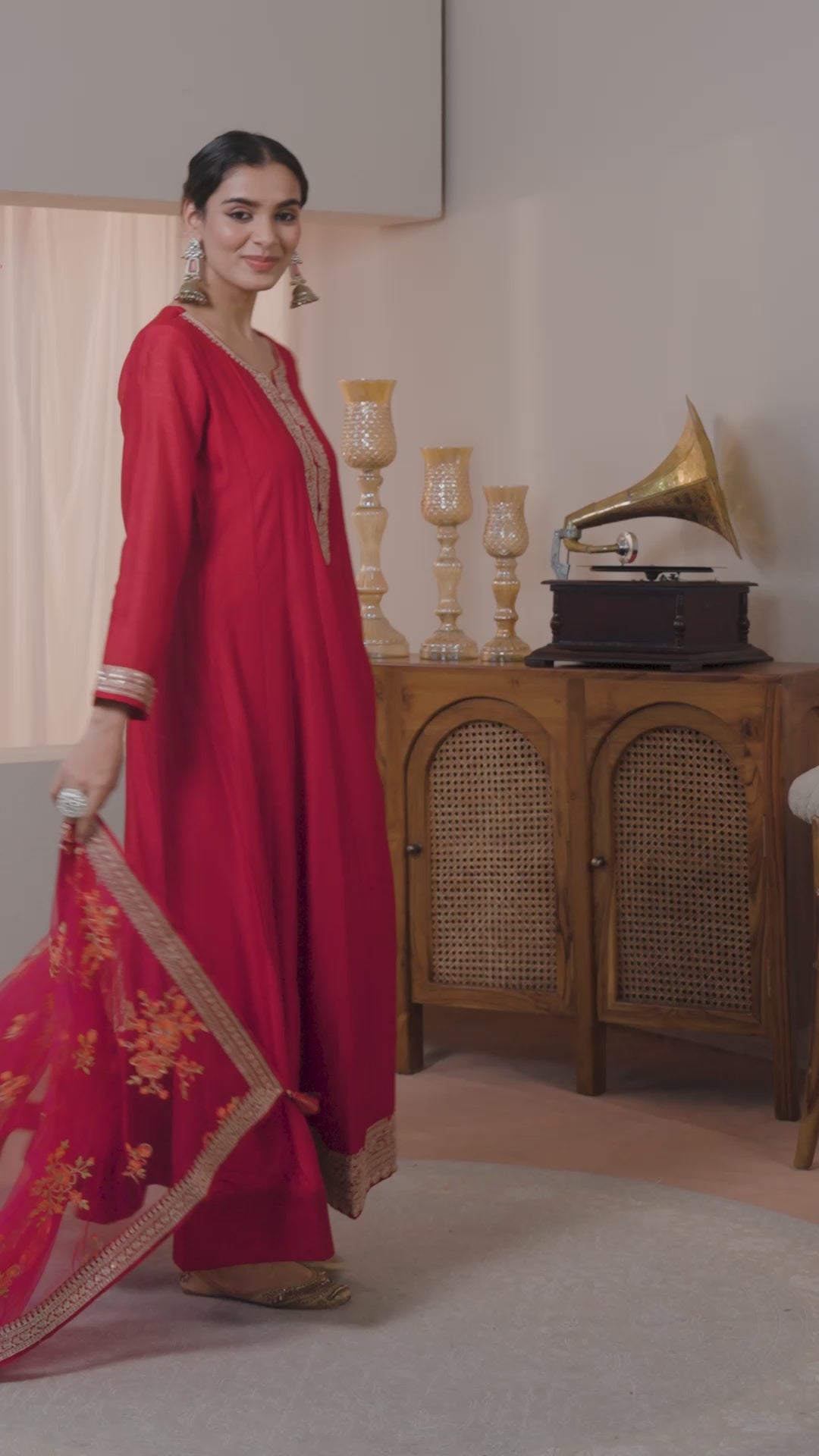 Libas Pink Embroidered Silk A-Line Gown With Dupatta