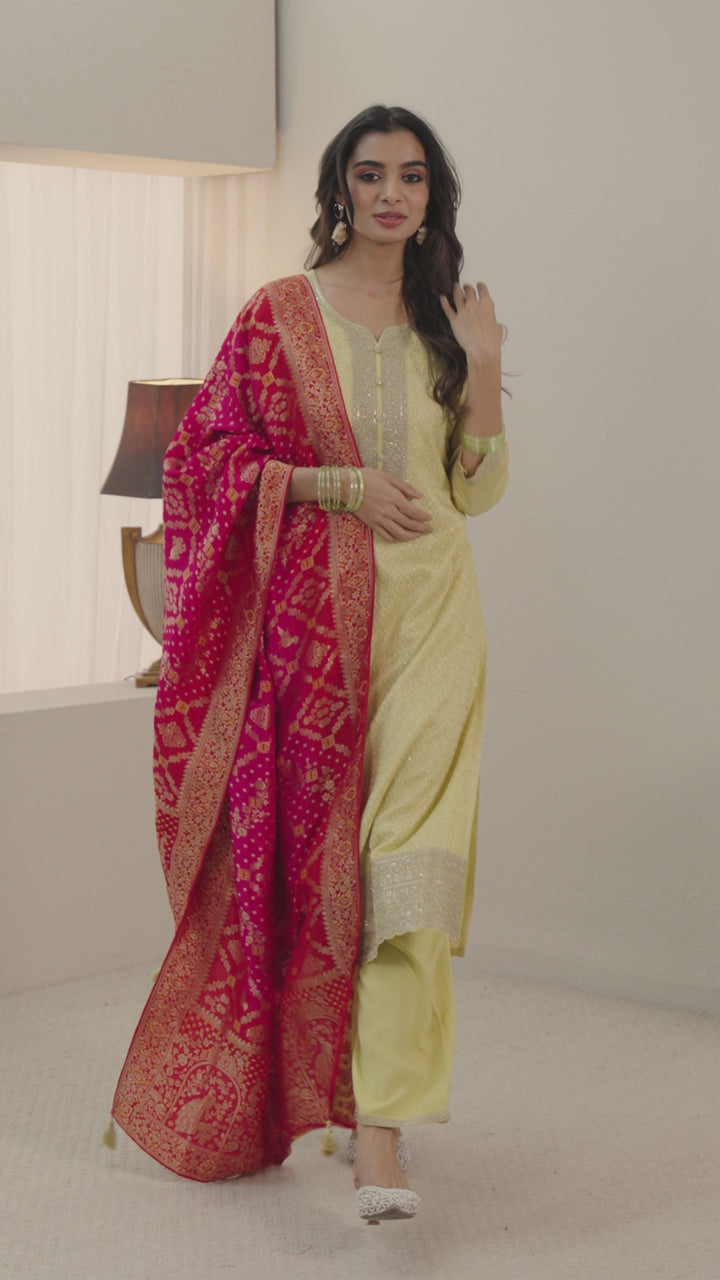 Libas Yellow Embellished Silk Blend Straight Suit Set With Dupatta