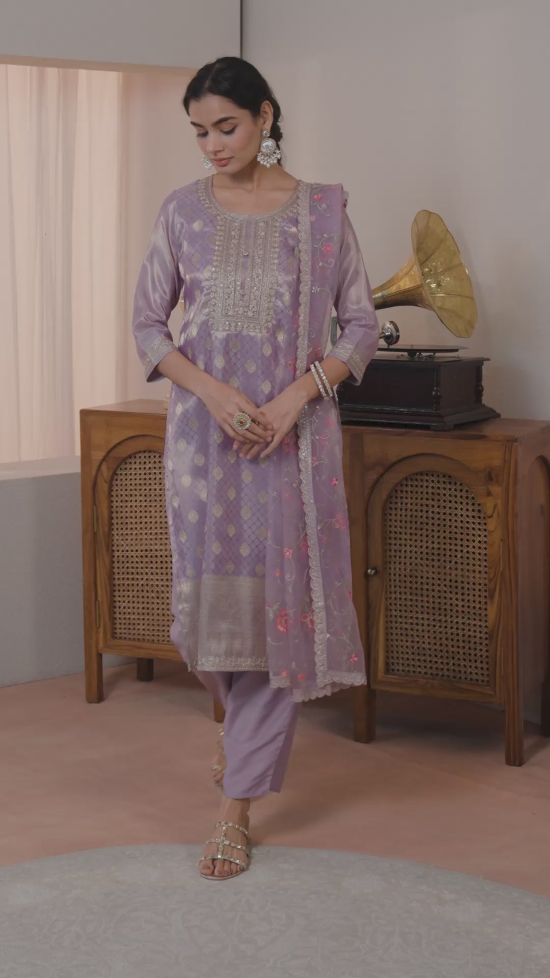 Lavender Woven Design Silk Blend Straight Suit Set With Dupatta