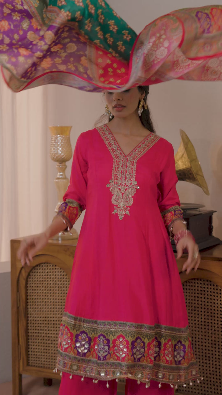 Pink Embroidered Silk Blend A-Line Suit Set With Dupatta