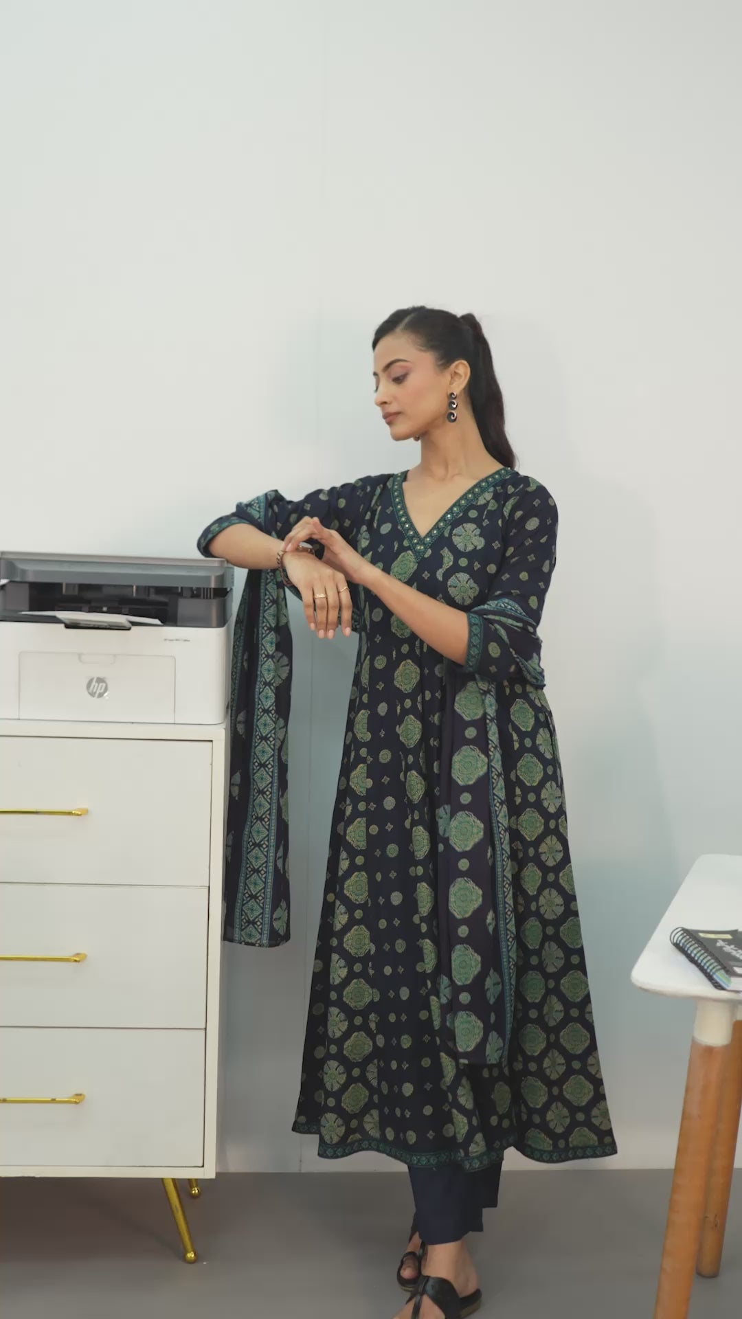 Navy Blue Ethnic Motifs Printed Cotton Blend A-Line Suit Set With Dupatta