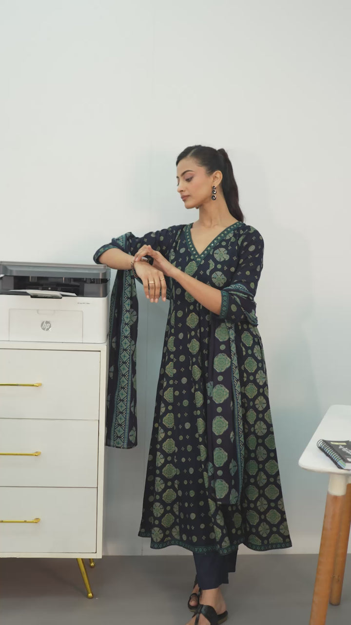 Navy Blue Ethnic Motifs Printed Cotton Blend A-Line Suit Set With Dupatta