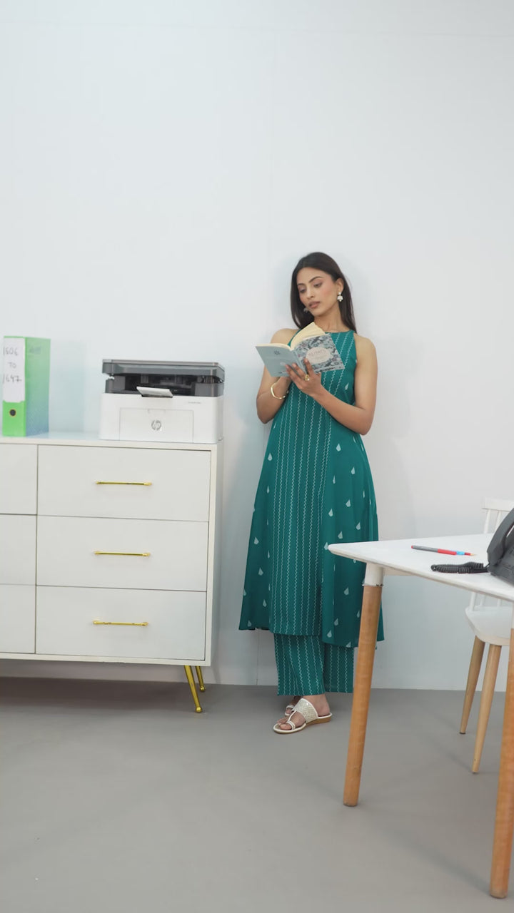 Teal Striped Woven Design Cotton Blend A-Line Kurta Set