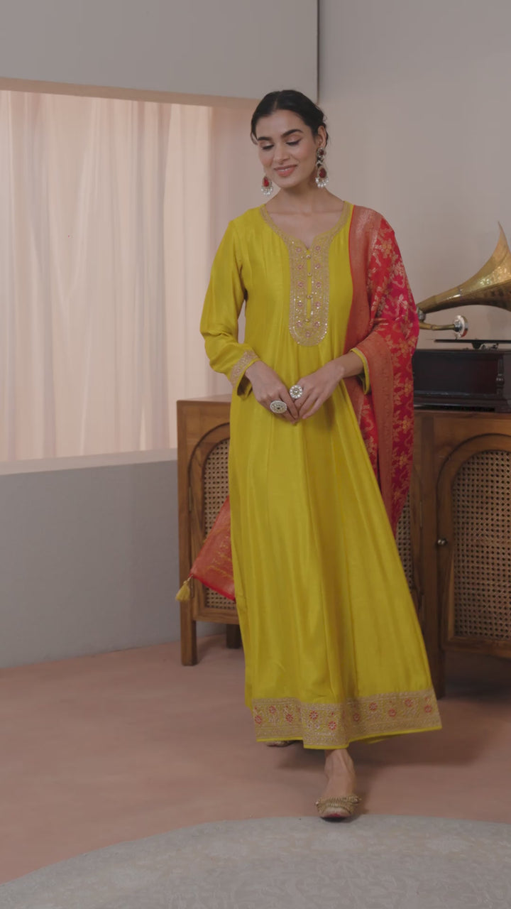 Mustard Embroidered Silk A-Line Gown With Dupatta