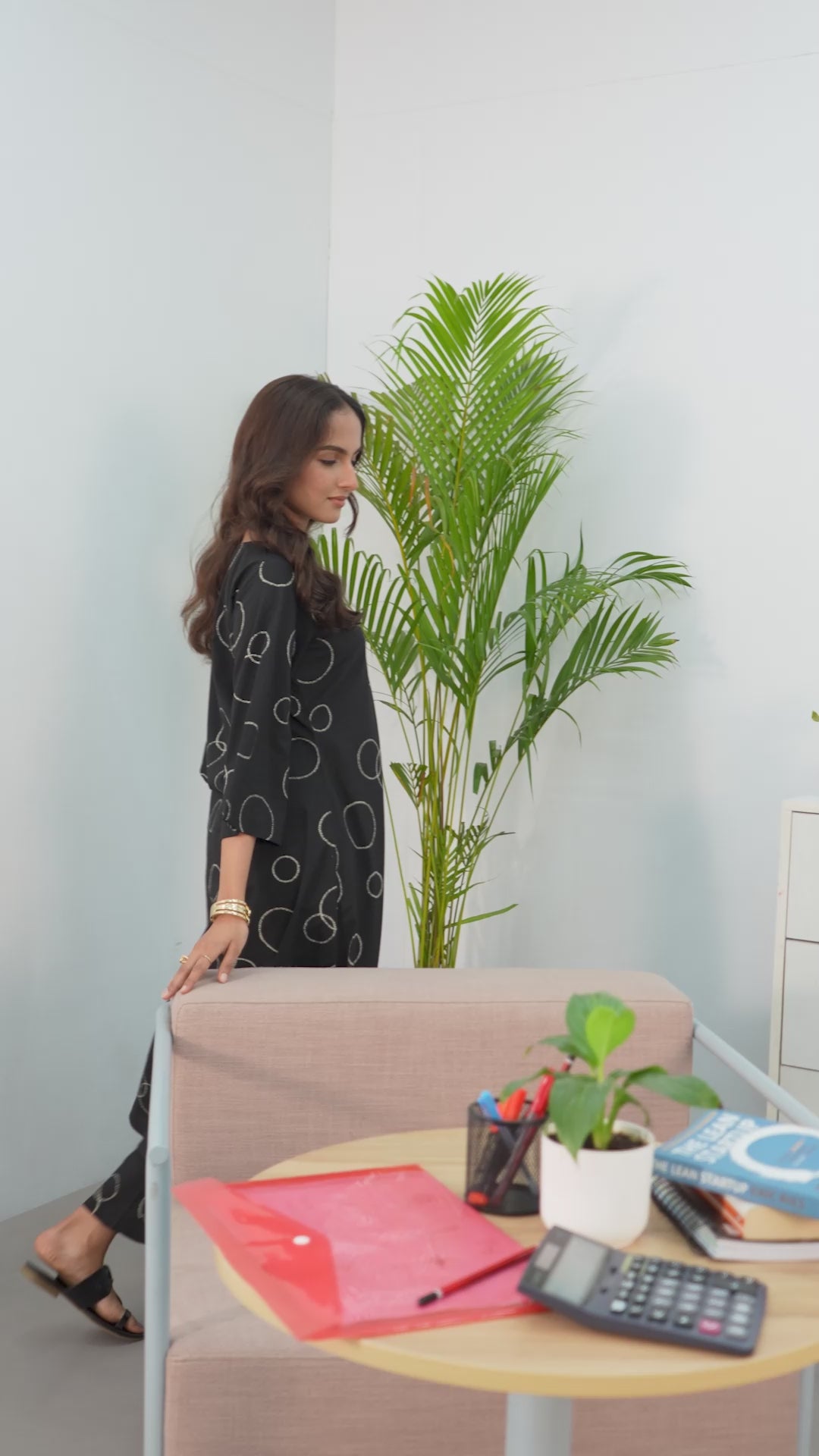 Black Geometric Printed Cotton Blend A-Line Kurta Set