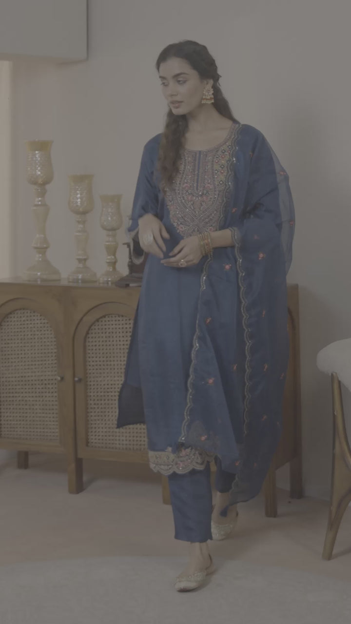 Libas Blue Ethnic Embroidered Silk Blend Straight Suits Set With Dupatta