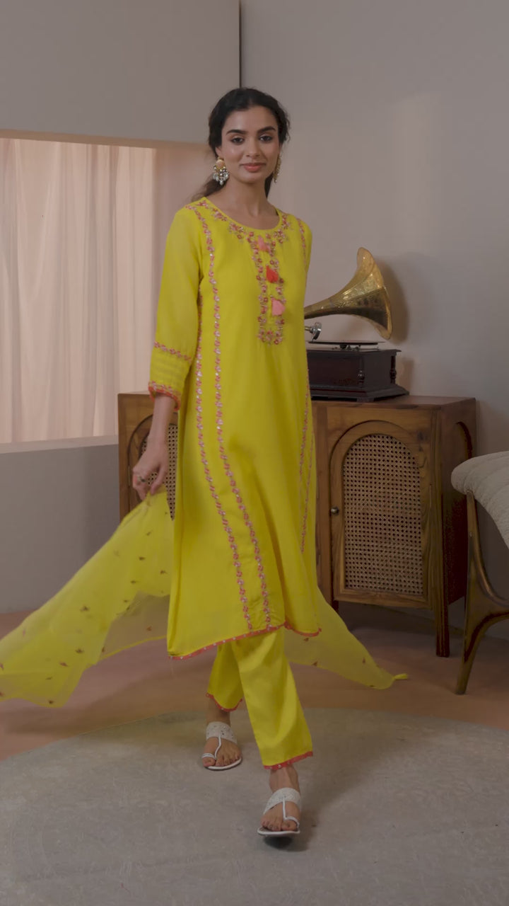 Yellow Ethnic Embroidered Chanderi Cotton A-Line Suits Set With Dupatta