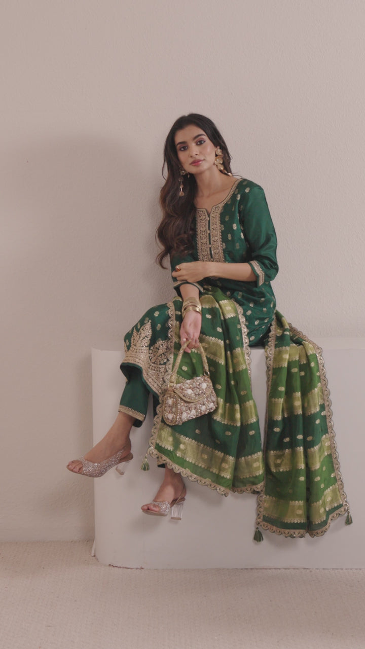 Libas Green Woven Design Silk Blend Straight Suit Set With Dupatta