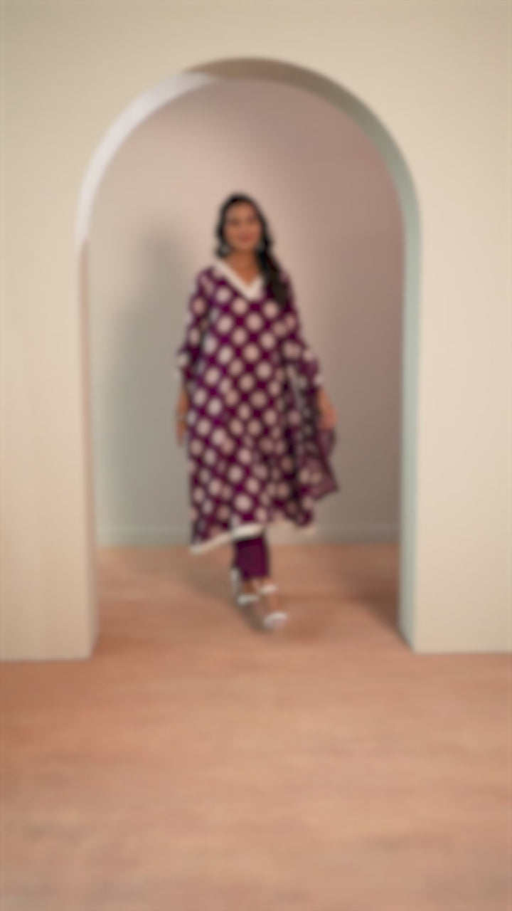 Purple Printed Silk Blend A-Line Suit Set WIth Dupatta