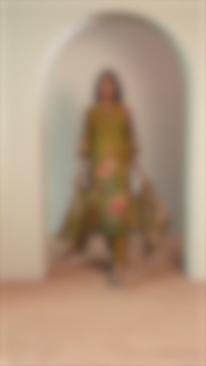 Olive Printed Silk Blend Straight Suit With Dupatta