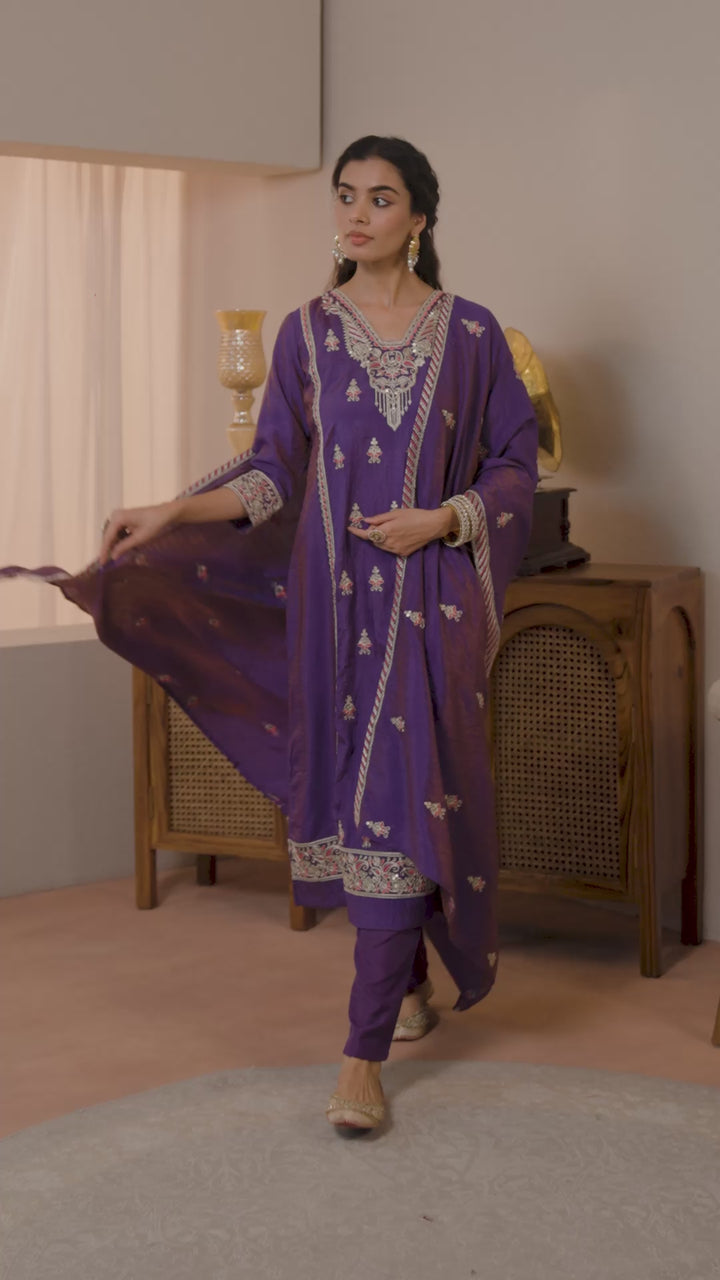 Purple Embroidered Silk blend Straight Suit Set With Dupatta