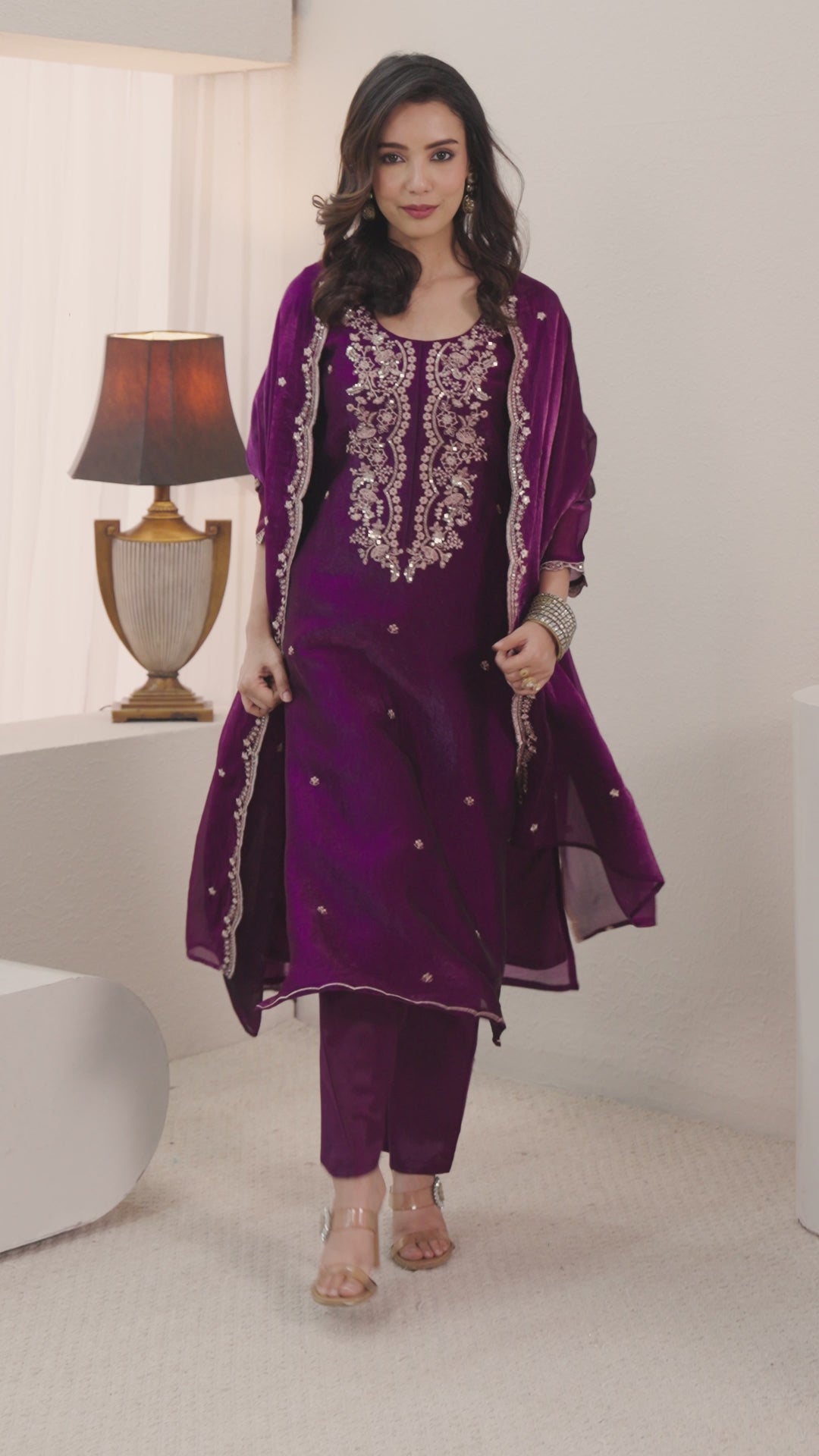 Libas Burgundy Floral Embroidered Tissue Straight Suit Set