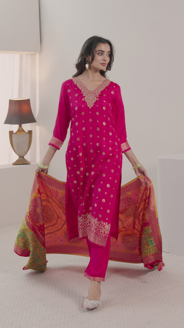 Libas Pink Woven Design Silk Blend Straight Suit Set With Dupatta