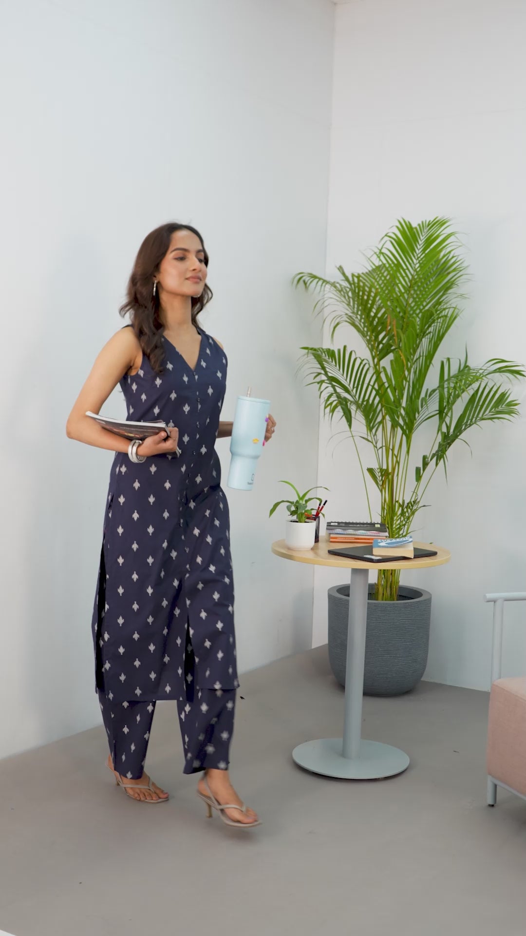 Navy Blue Floral Printed Cotton Blend Straight Kurta Set