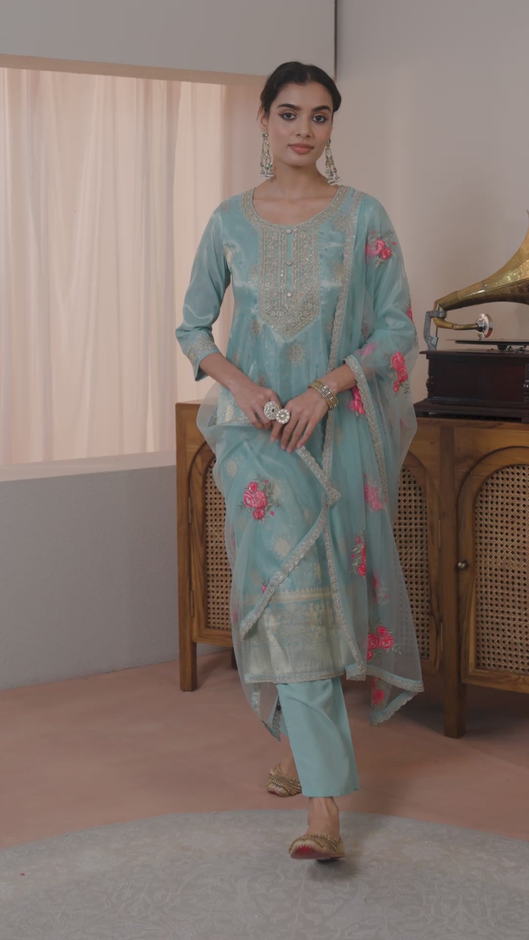 Blue Woven Design Silk Blend Straight Suit Set With Dupatta